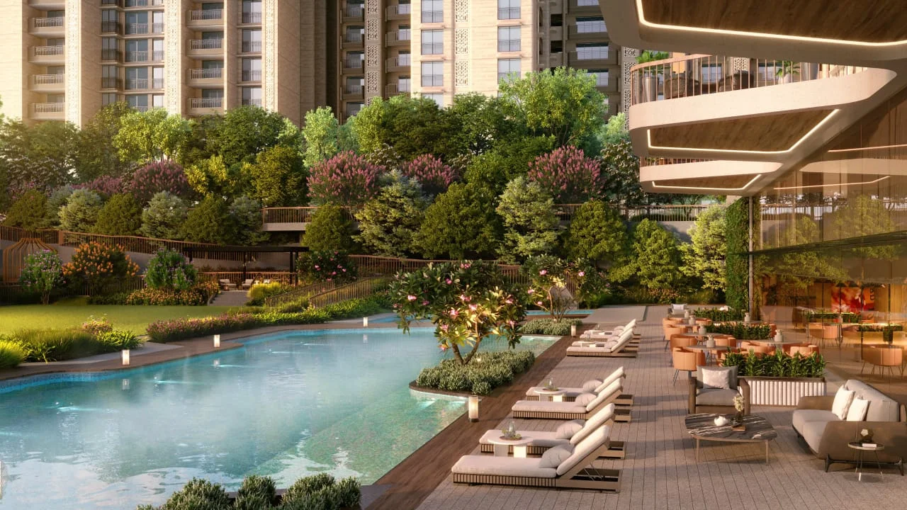 Resort-style swimming pool beside a landscaped clubhouse terrace