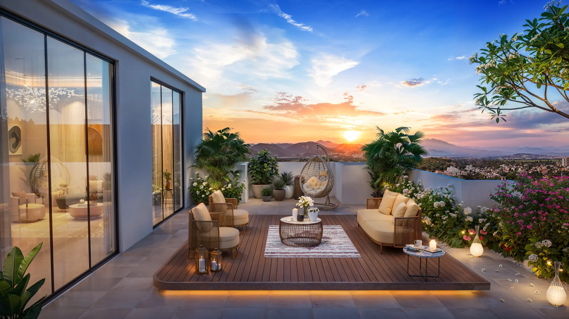 Open-air terrace with lounge seating and sunset views